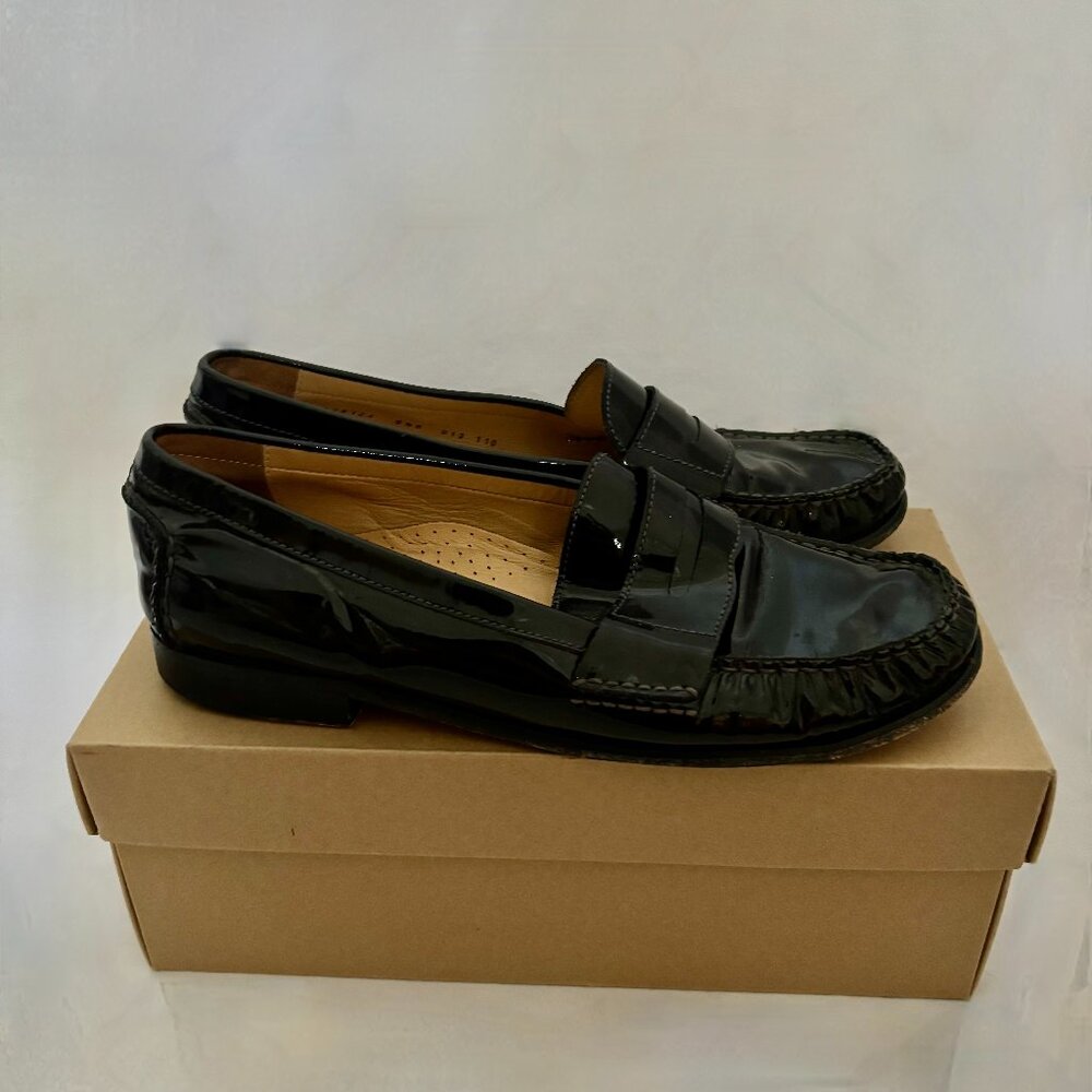 Black patent leather penny loafers